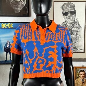 Lazy Oaf x Do Good Art Club Knit Polo Crop Top Orange Blue Size 8